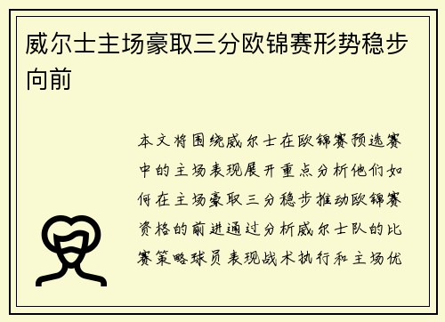威尔士主场豪取三分欧锦赛形势稳步向前