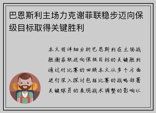 巴恩斯利主场力克谢菲联稳步迈向保级目标取得关键胜利