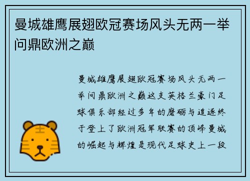 曼城雄鹰展翅欧冠赛场风头无两一举问鼎欧洲之巅