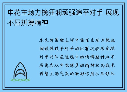 申花主场力挽狂澜顽强追平对手 展现不屈拼搏精神
