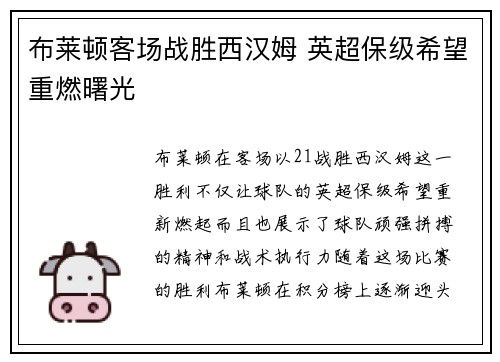 布莱顿客场战胜西汉姆 英超保级希望重燃曙光