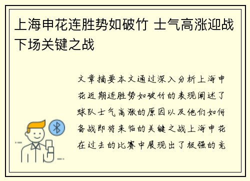 上海申花连胜势如破竹 士气高涨迎战下场关键之战